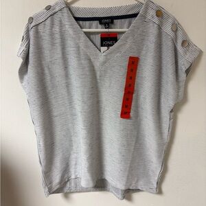 Jones New York Womens V Neck Striped Top Cap Sleeves Mefium